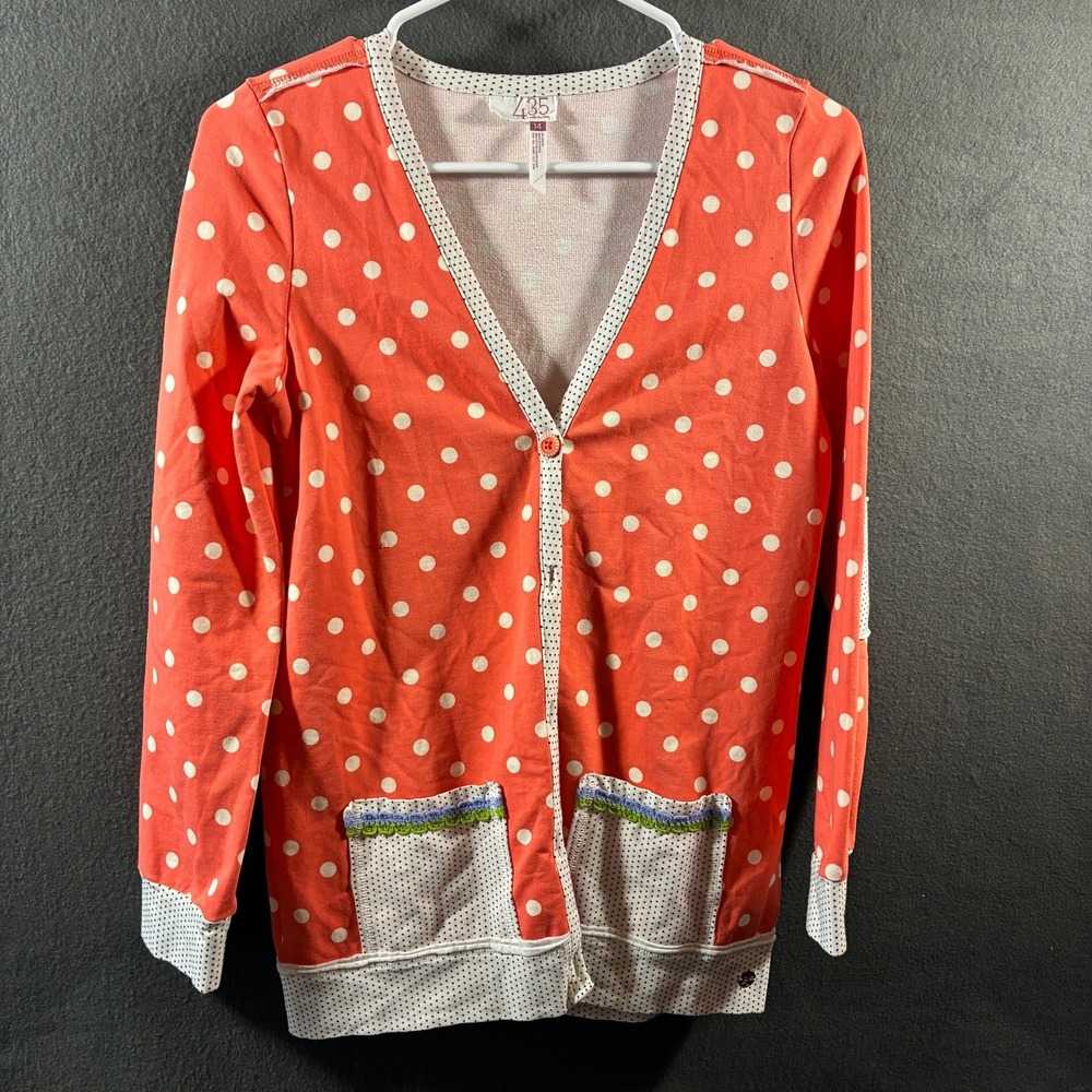 matilda jane women cotton cardigan sweater 14 coral polka dot elbow pads pink